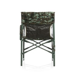 Photo of Comfortable camouflage fishing chair on white background