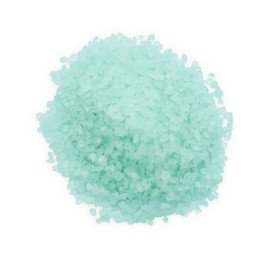 Photo of Heap of turquoise sea salt isolated on white, top view