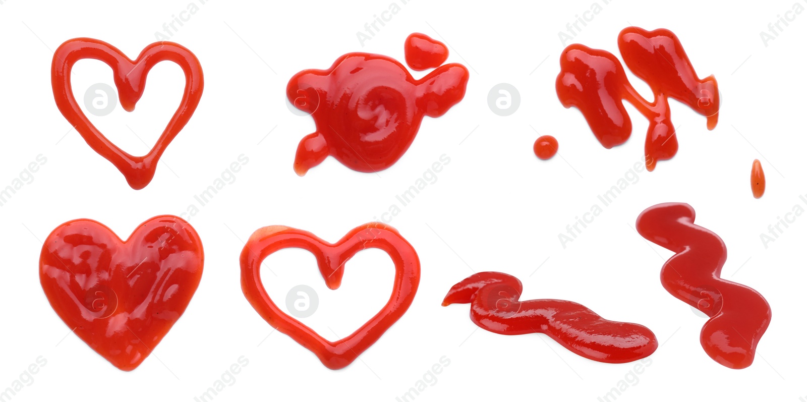 Image of Set of different ketchup smears on white background