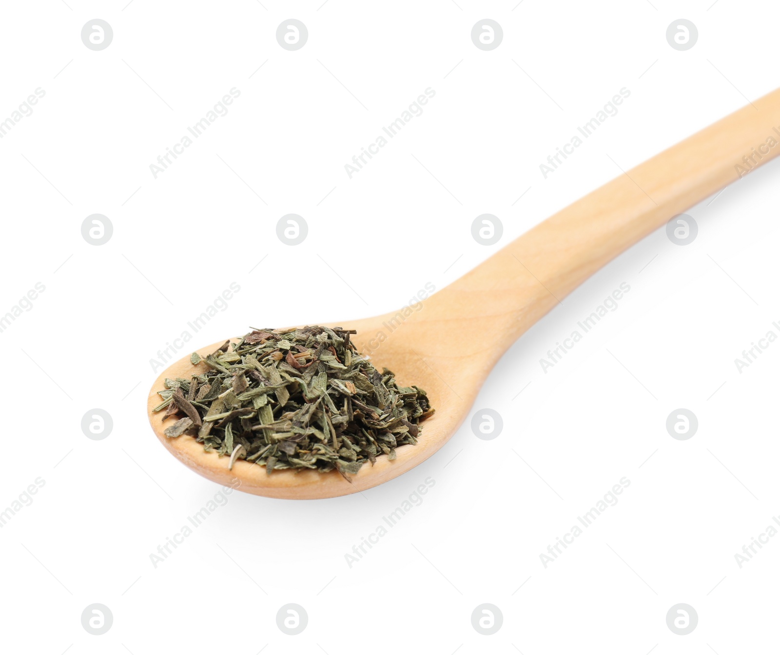 Photo of Spoon of dry tarragon isolated on white