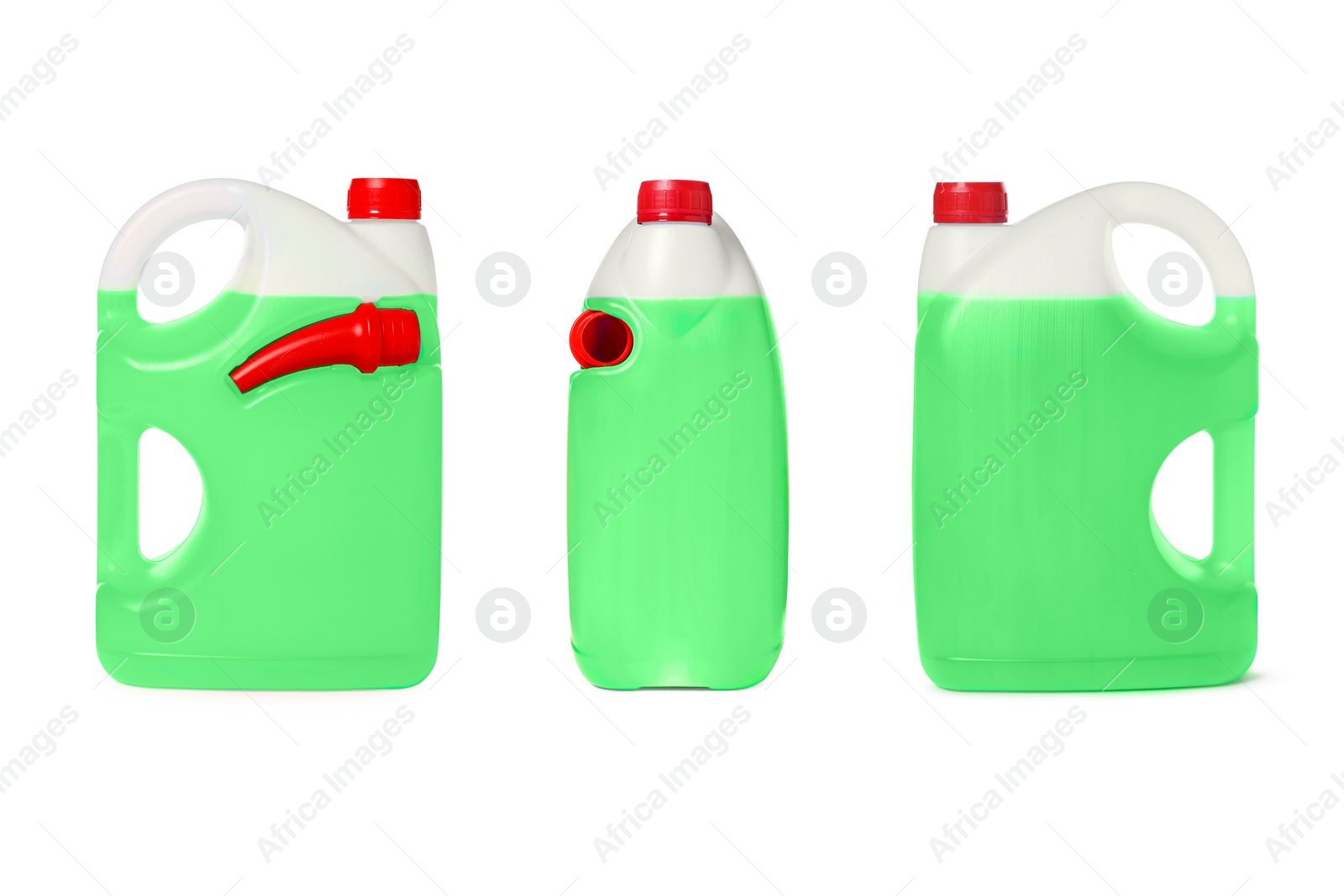 Image of Plastic canister with green liquid on white background, different sides