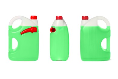 Plastic canister with green liquid on white background, different sides