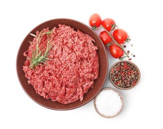 Photo of Fresh minced meat and other ingredients on white background, top view