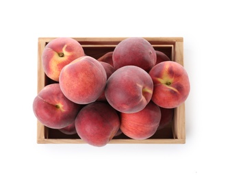 Photo of Crate of delicious ripe peaches isolated on white, top view