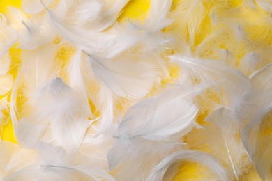 Photo of Many fluffy bird feathers on yellow background, flat lay