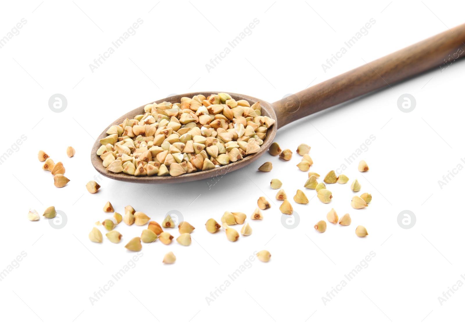 Photo of Uncooked green buckwheat grains in spoon isolated on white