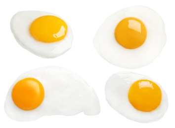 Image of Set with tasty fried eggs on white background