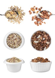 Image of Set with different delicious granola on white background. Vertical banner design