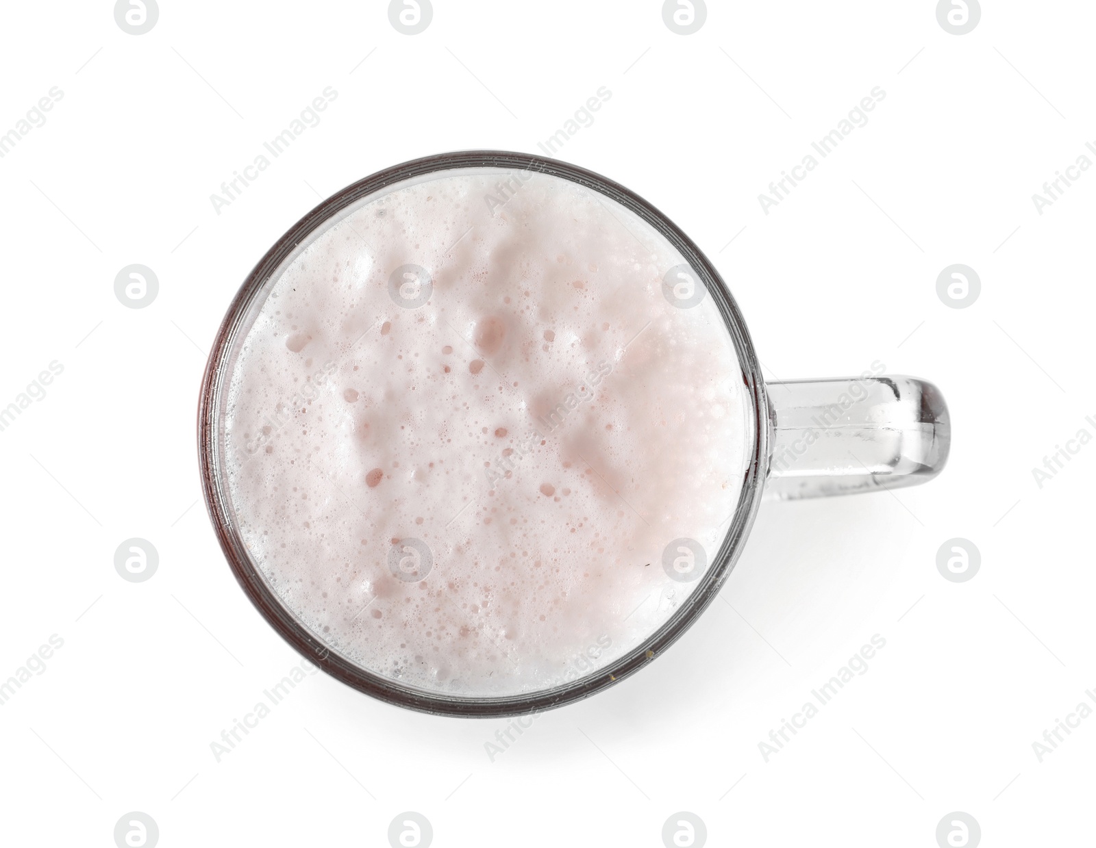 Photo of Glass mug with cold tasty beer on white background, top view