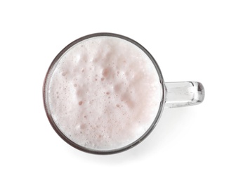 Photo of Glass mug with cold tasty beer on white background, top view