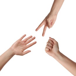 Image of People playing rock, paper and scissors on white background, top view