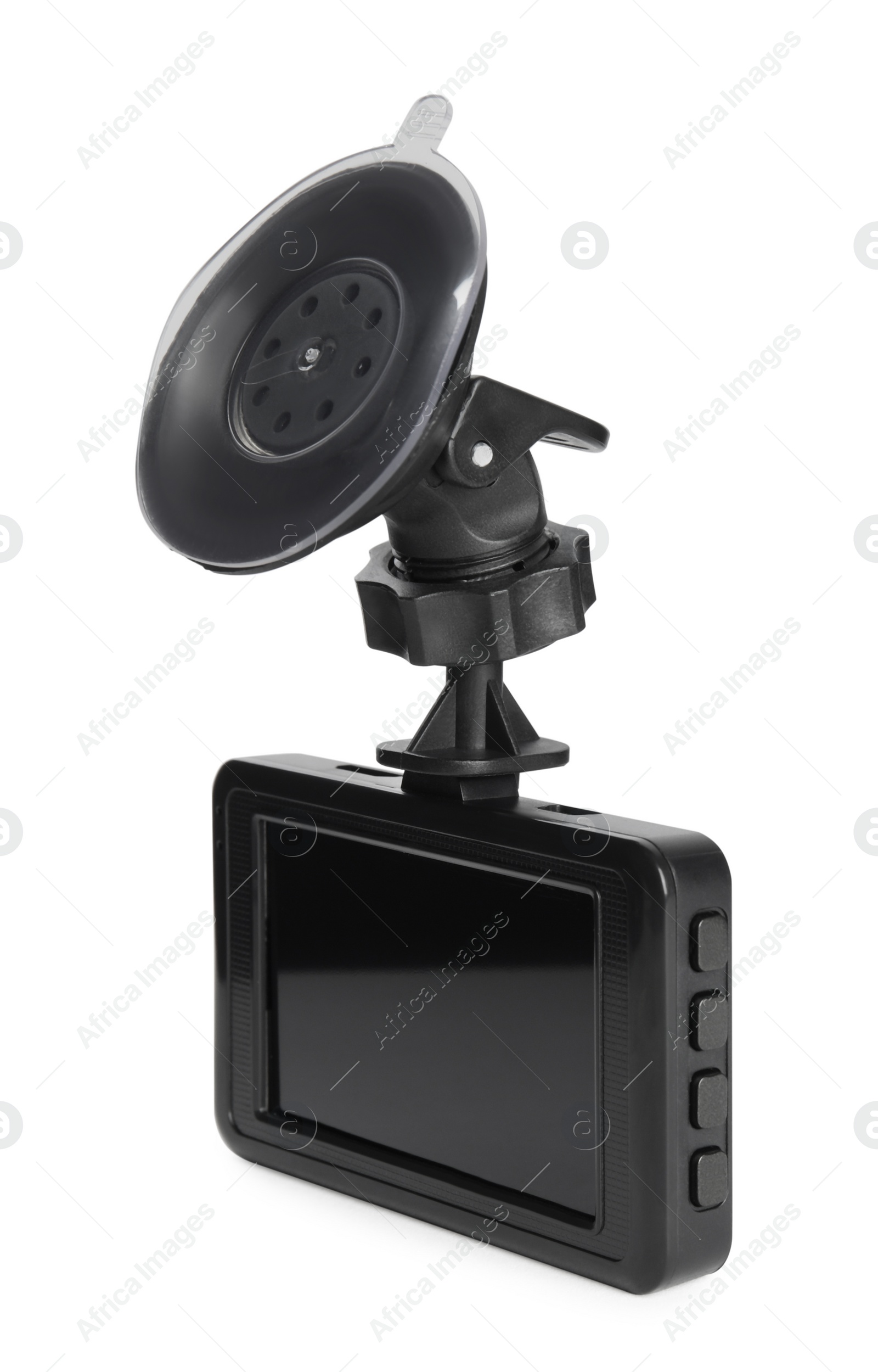 Photo of Modern car dashboard camera with suction mount isolated on white