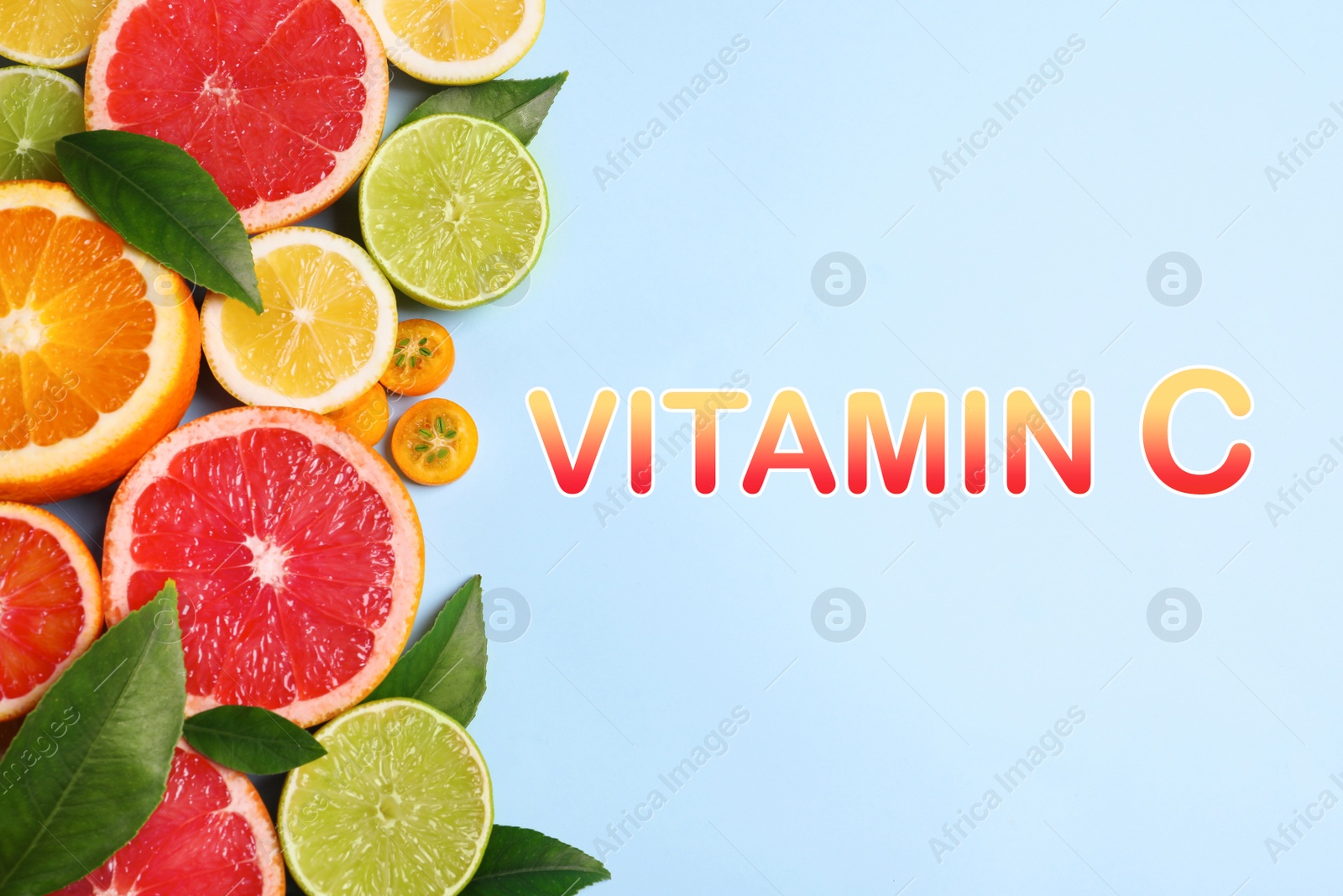 Image of Source of Vitamin C. Fresh juicy citrus fruits with green leaves on light blue background, flat lay