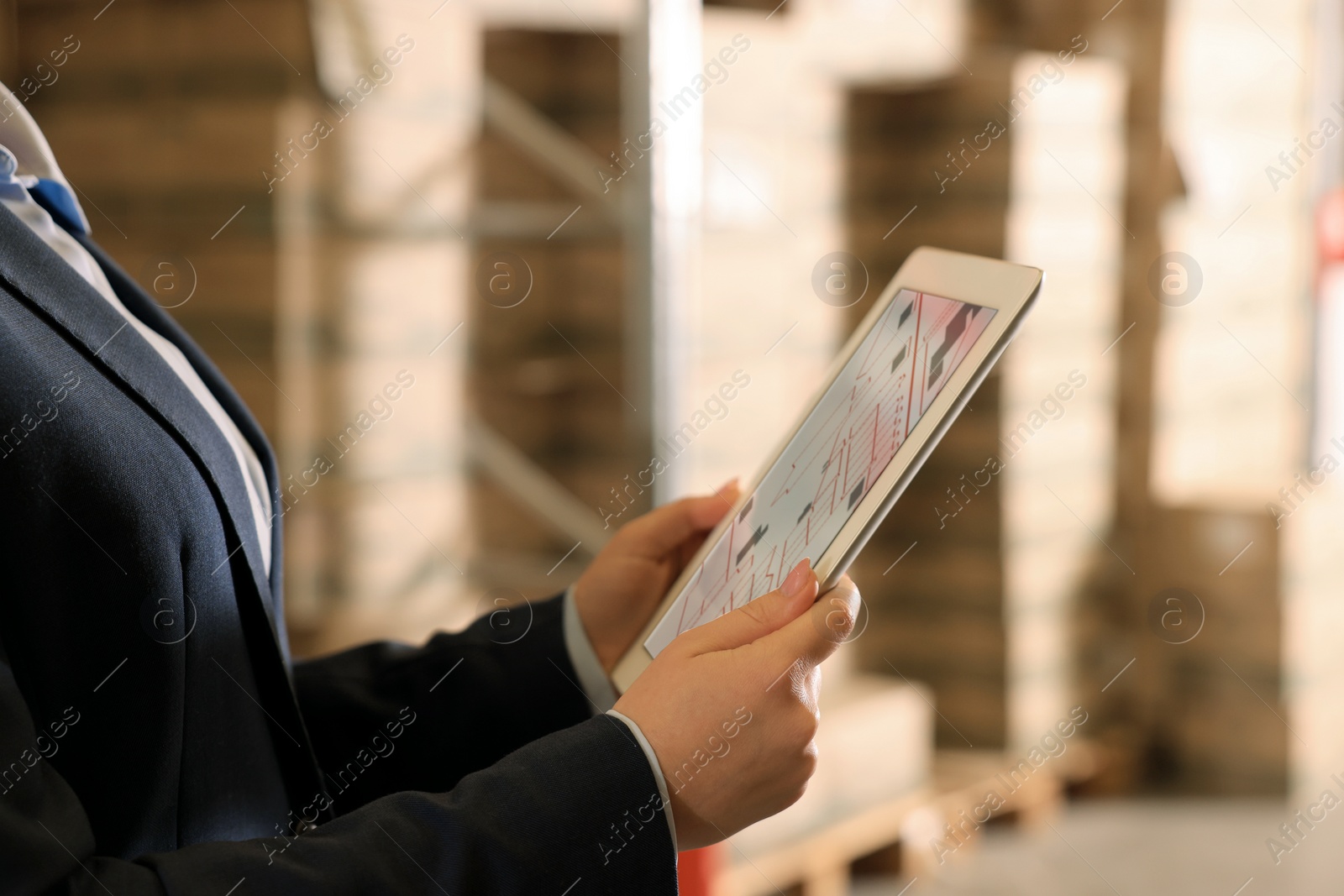 Image of Woman with tablet at warehouse, closeup. Wholesale business