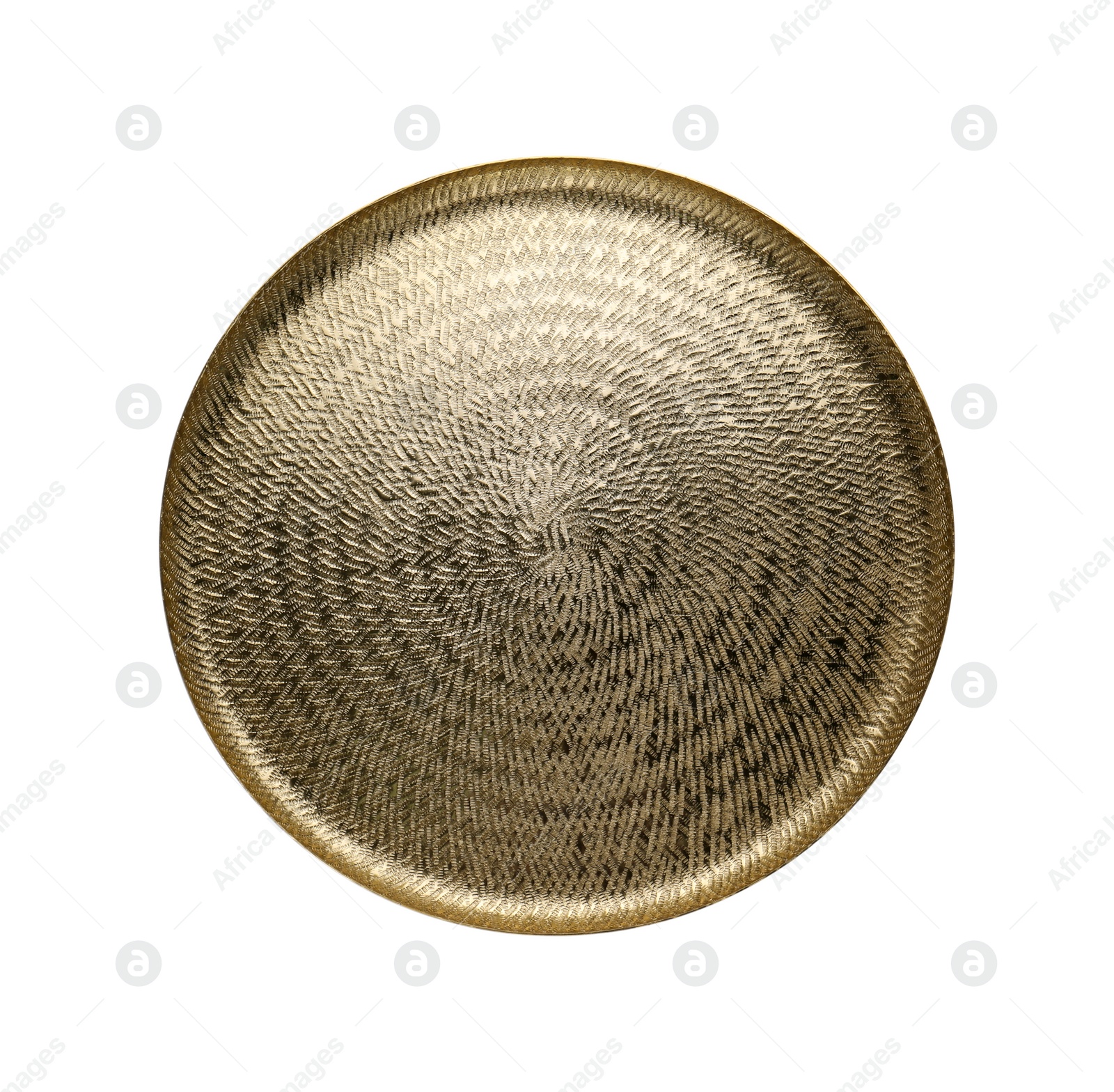 Photo of Shiny stylish gold tray isolated on white, top view