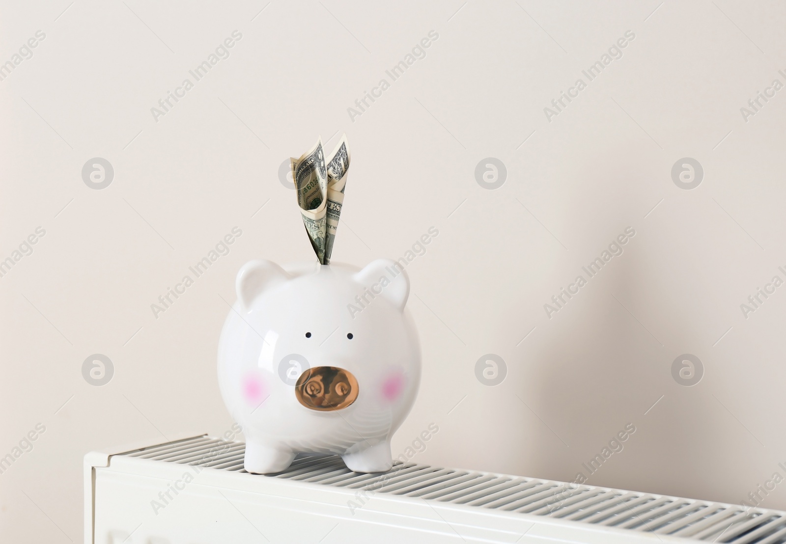 Photo of Piggy bank with money on heating radiator against light background