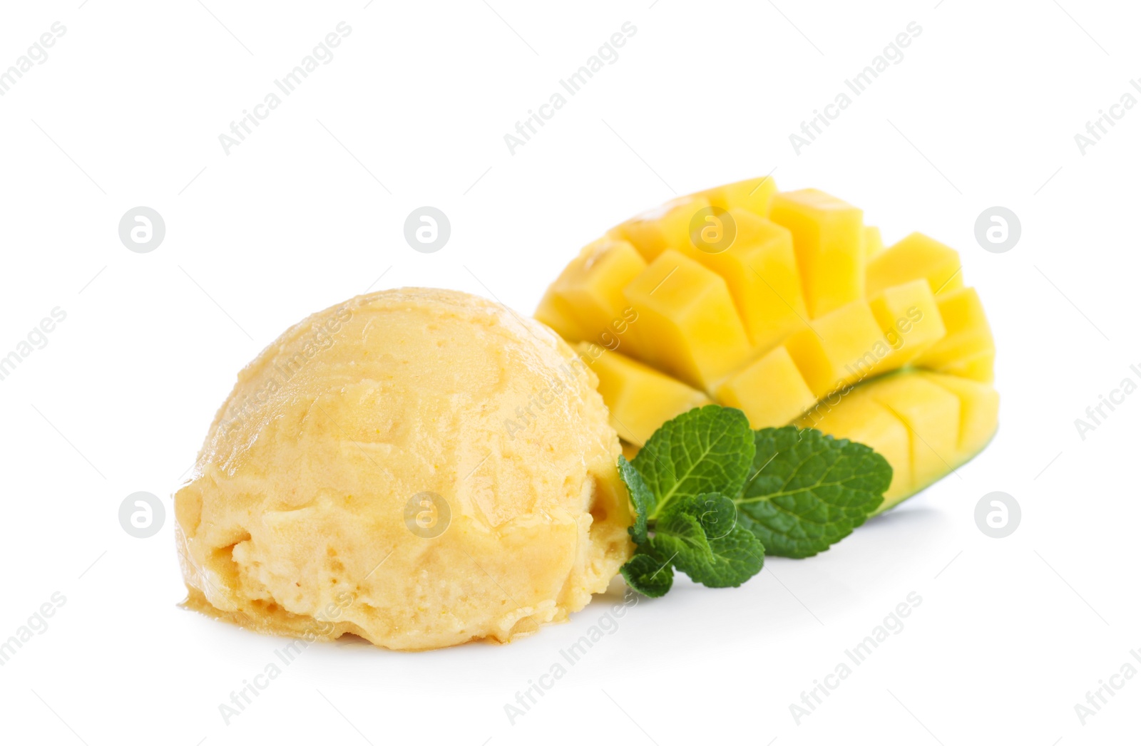 Photo of Scoop of delicious ice cream with mango and mint on white background