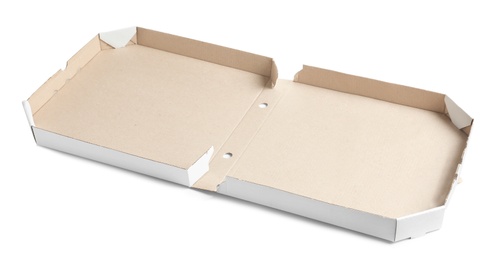 Open cardboard pizza box on white background