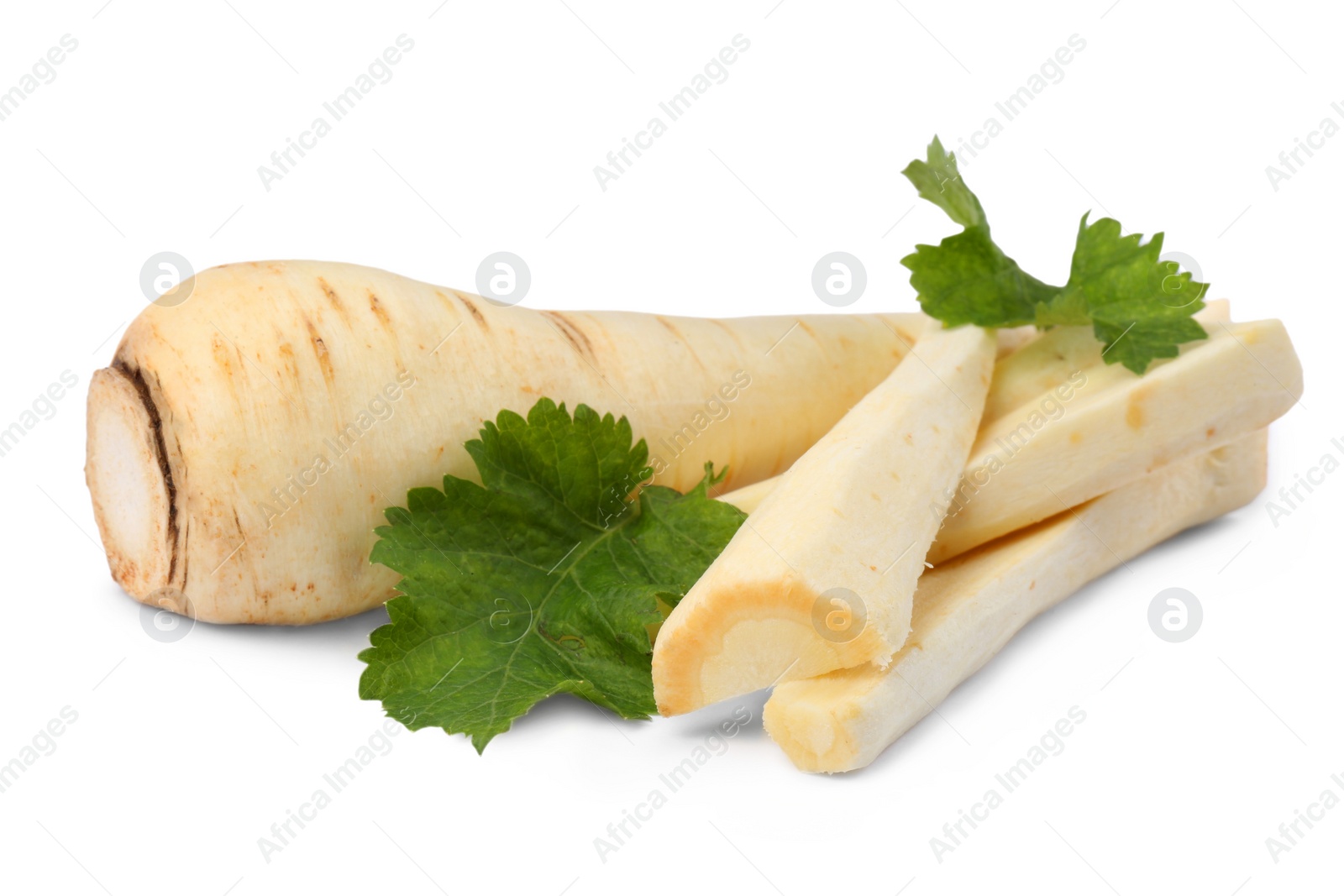 Photo of Tasty fresh ripe parsnips on white background