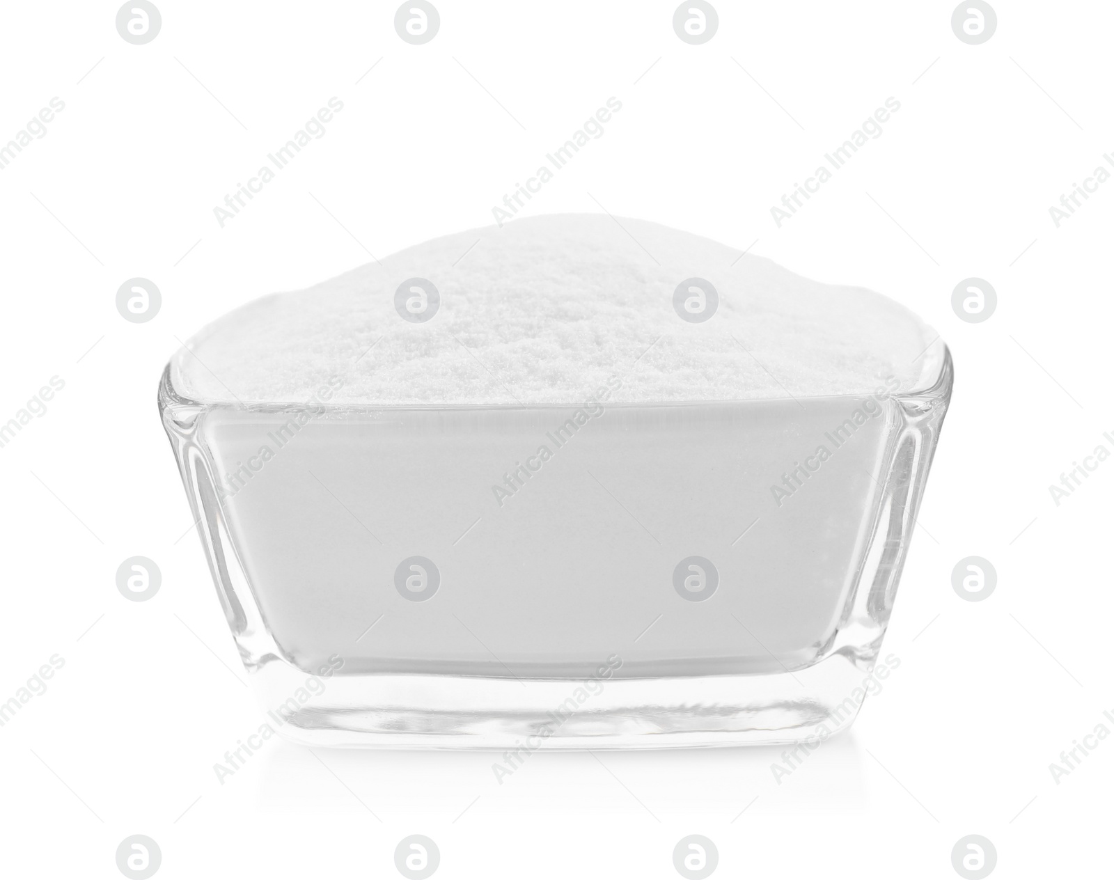 Photo of Glass bowl with baking soda isolated on white