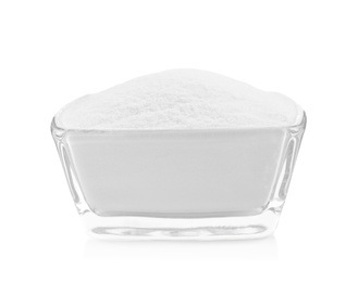 Photo of Glass bowl with baking soda isolated on white