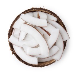 Photo of Fresh coconut pieces in nut shell isolated on white, top view