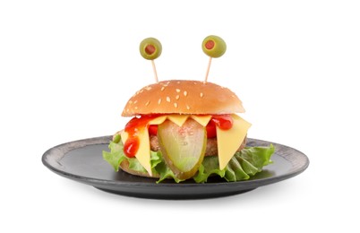 Photo of Cute monster burger isolated on white. Halloween party food