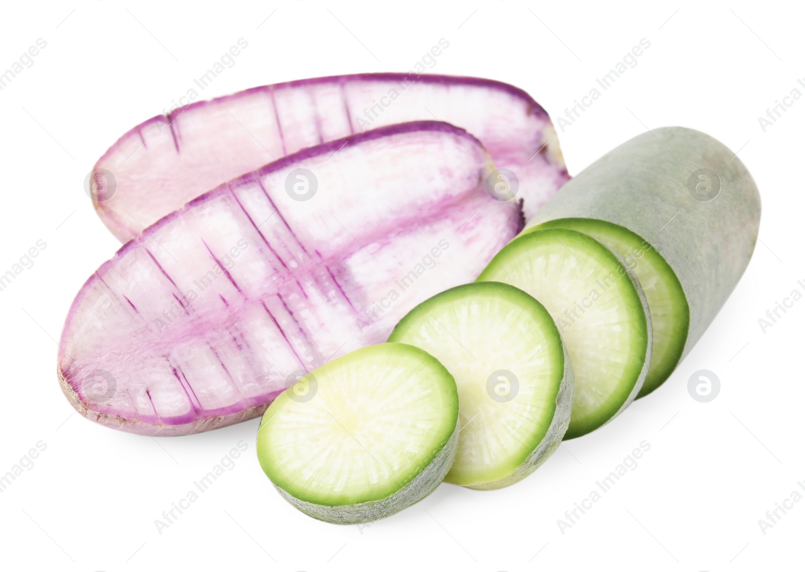 Photo of Purple and green daikon radishes isolated on white