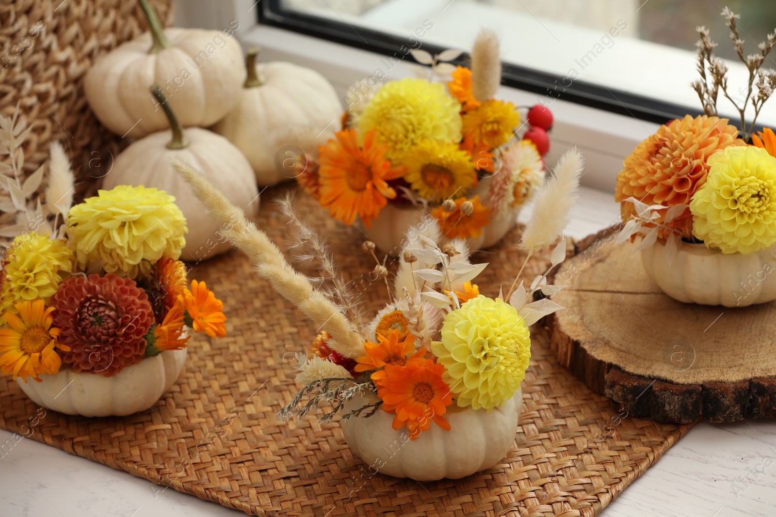 Photo of Composition with small pumpkins, beautiful flowers and spikelets on window sill indoors