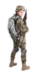 Female soldier with machine gun on white background. Military service