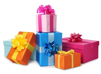 Photo of Colorful gift boxes with bows on white background