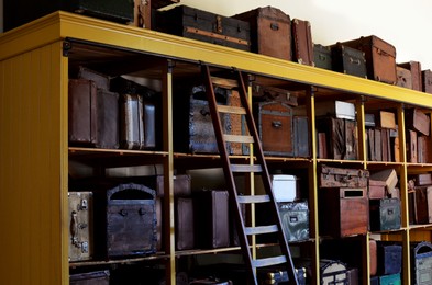 Many beautiful retro suitcases on shelves indoors