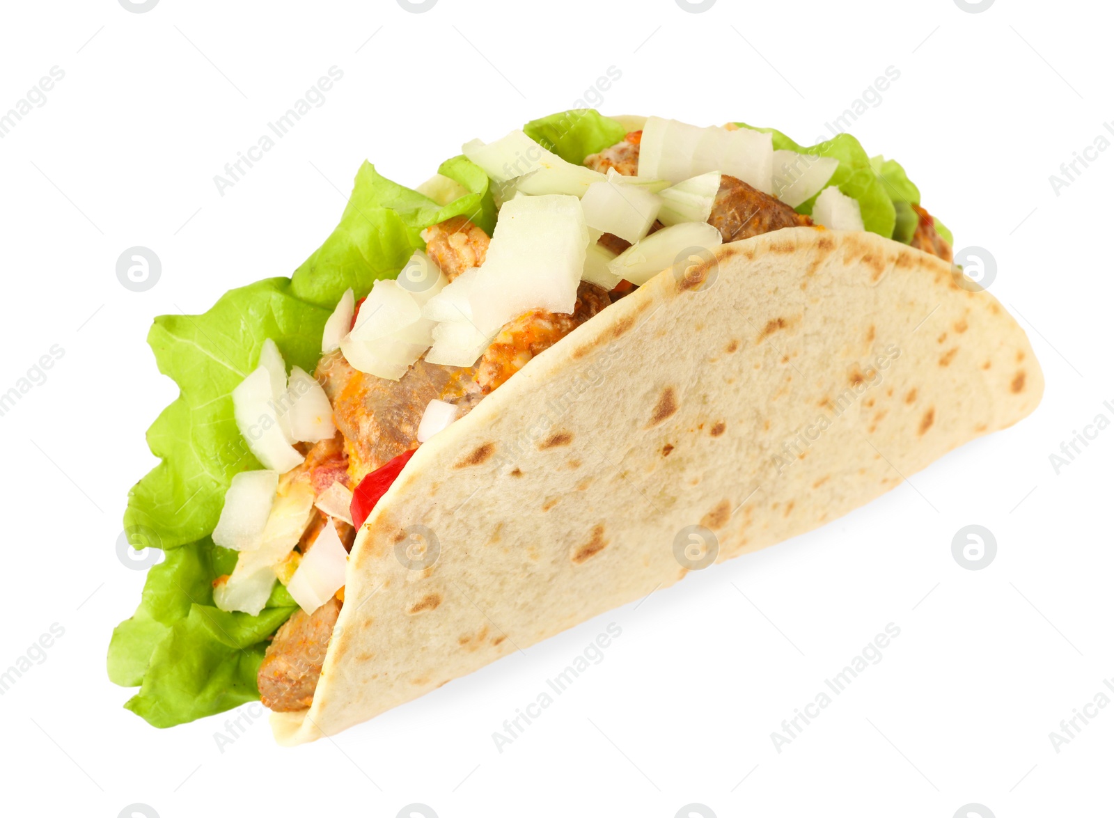 Photo of Delicious taco with meat, vegetables and slice of lime isolated on white