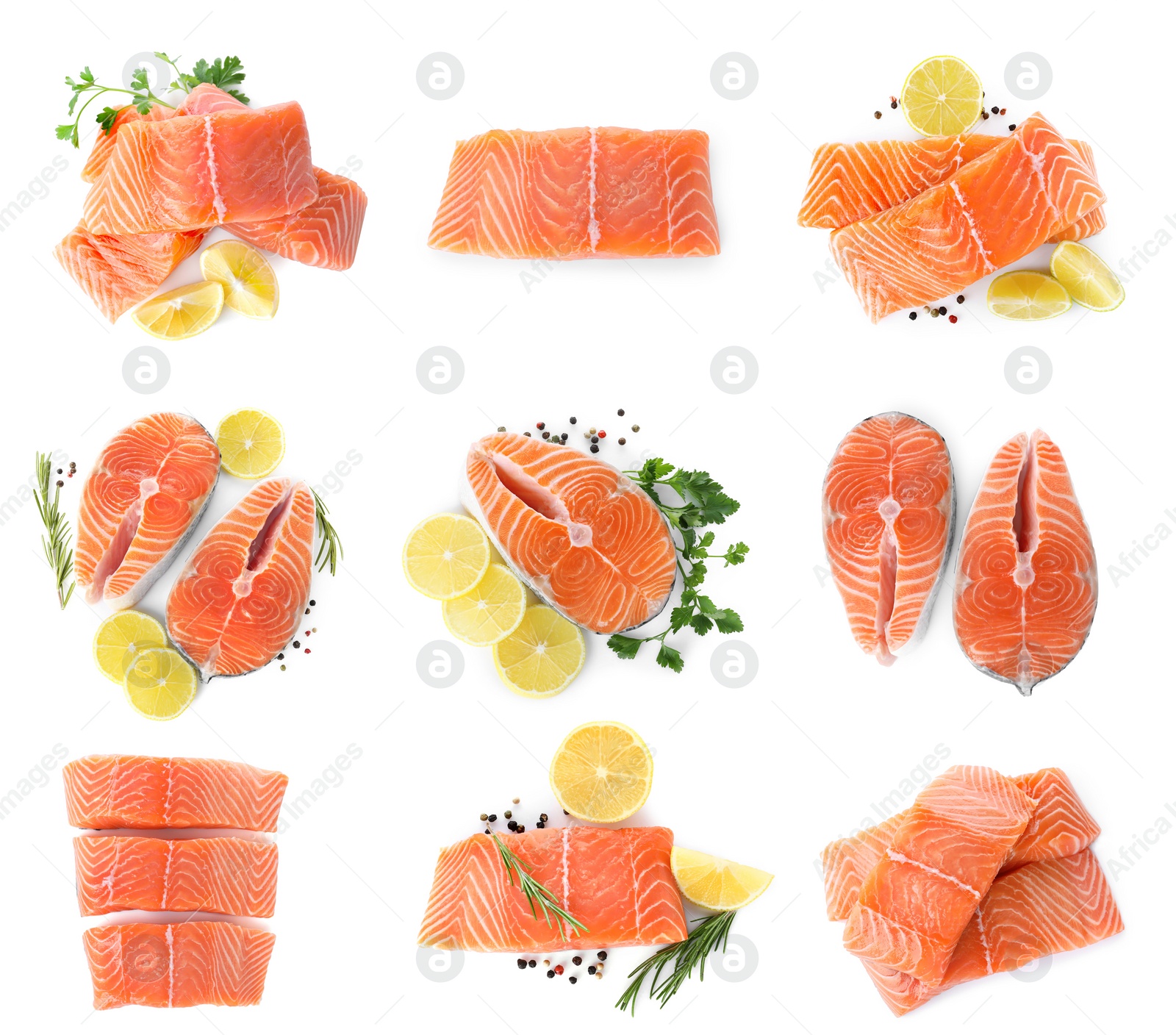 Image of Set of fresh raw salmon on white background, top view. Fish delicacy