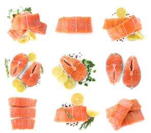 Image of Set of fresh raw salmon on white background, top view. Fish delicacy