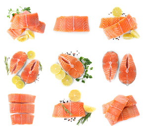 Set of fresh raw salmon on white background, top view. Fish delicacy