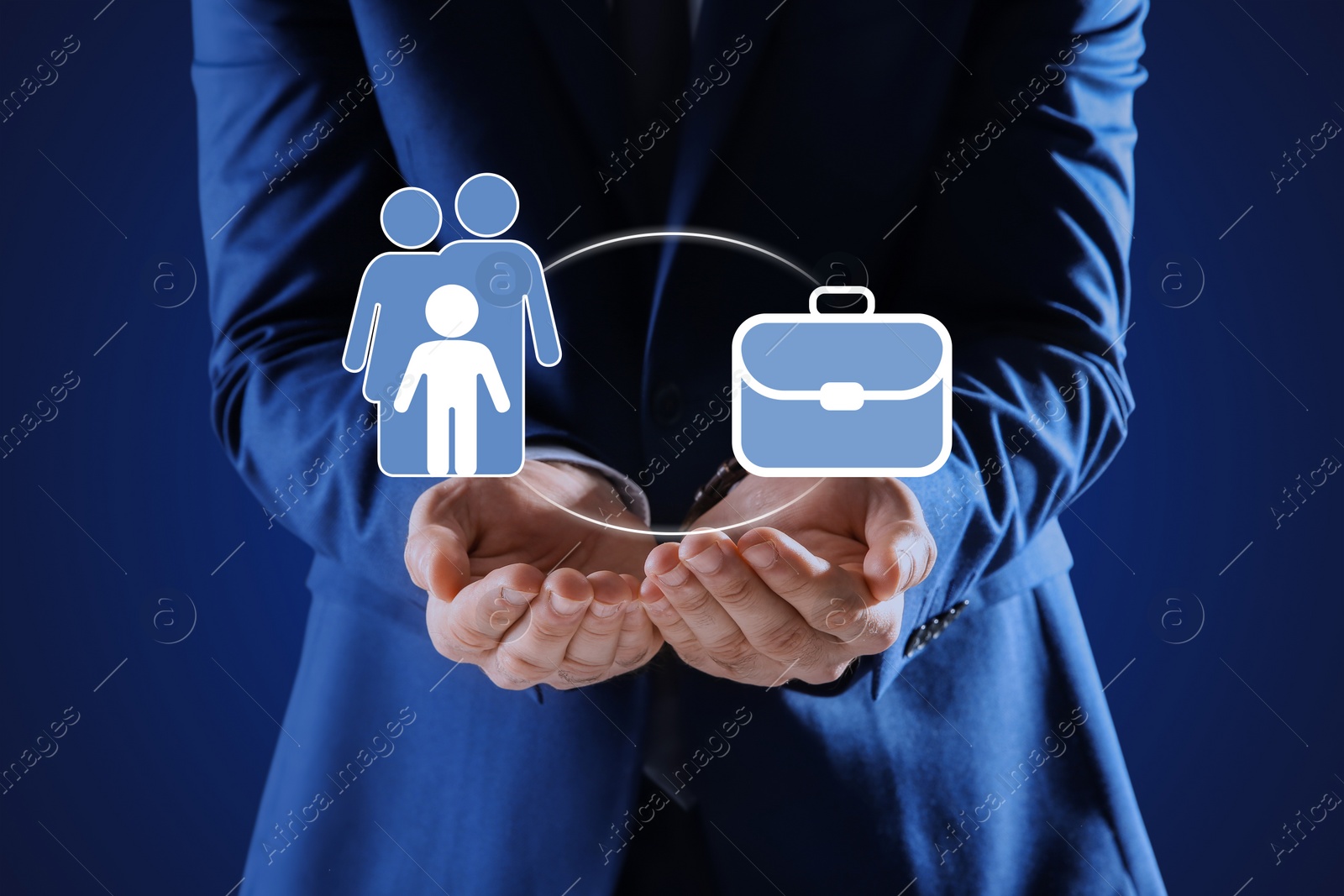 Image of Man holding virtual icons against blue background, closeup. Concept of balance between life and work