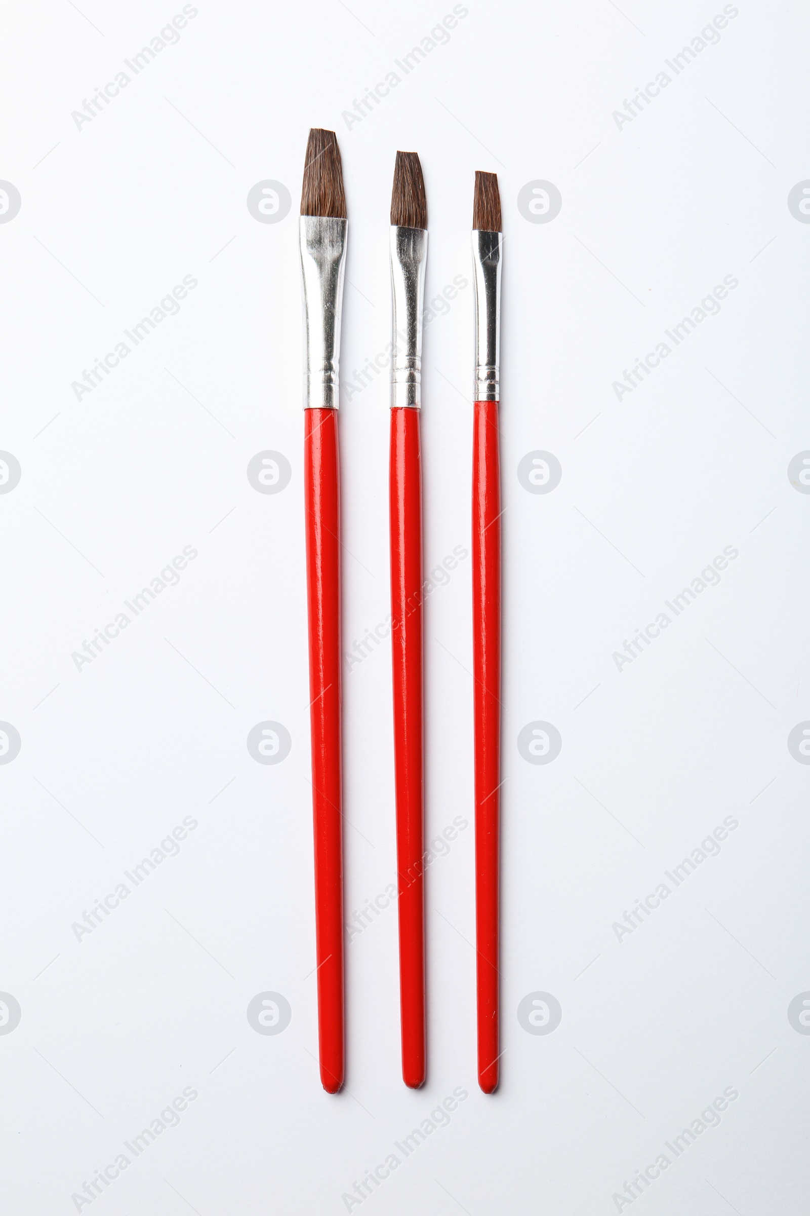 Photo of Different paint brushes on white background, top view