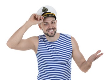 Photo of Happy sailor wearing cap on white background
