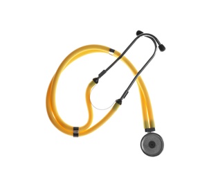 Photo of Stethoscope on white background, top view. Medical device