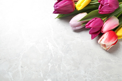 Beautiful spring tulips on marble table, closeup. Space for text