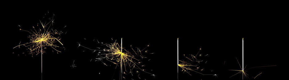 Image of Set of burning sparklers on black background. Banner design