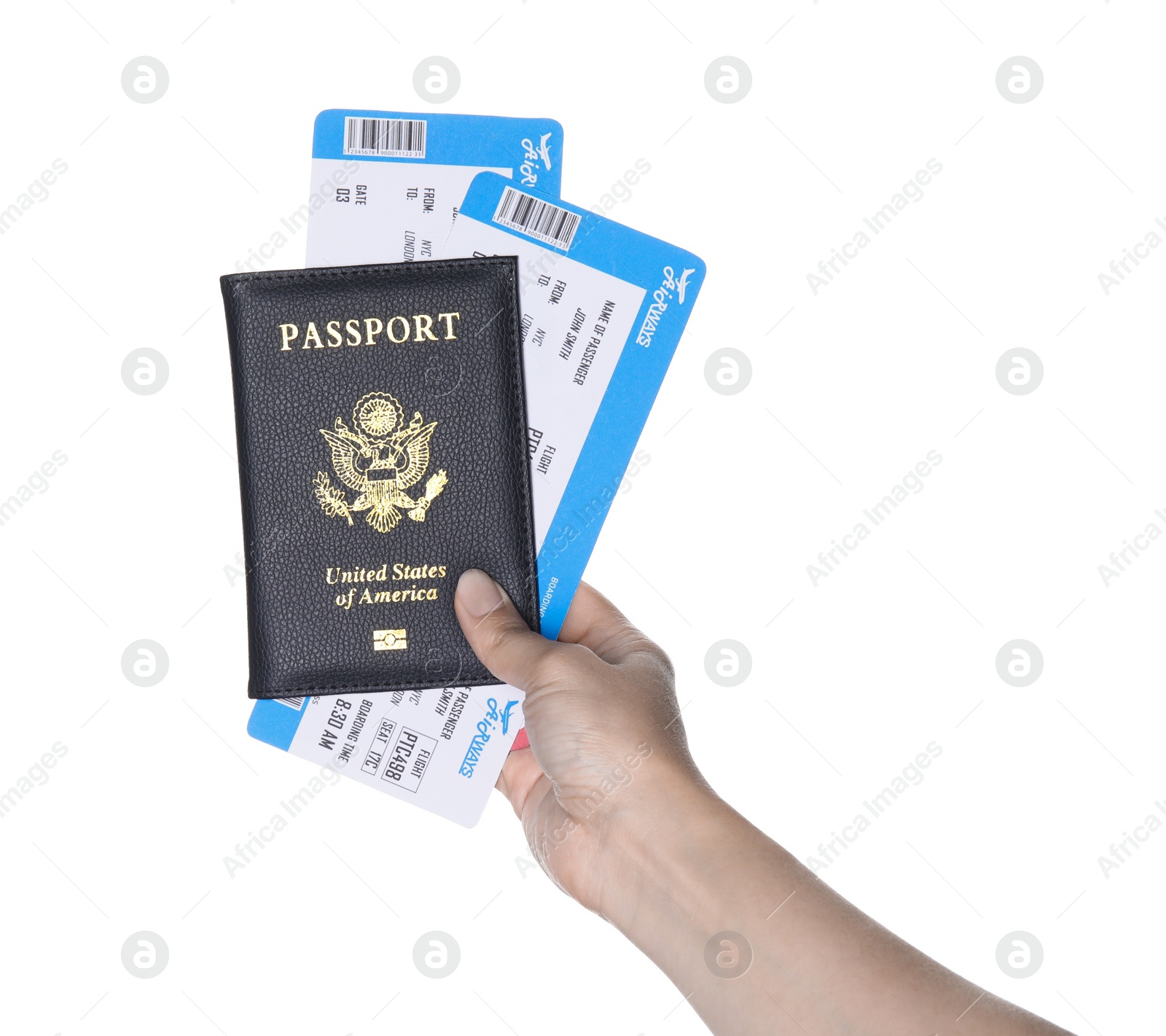 Photo of Woman holding United States passport with tickets isolated on white, closeup