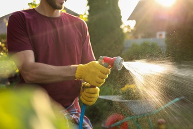 Man watering plants from hose outdoors on sunny day, closeup. Gardening time
