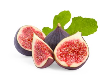 Photo of Whole and cut ripe figs with green leaf isolated on white