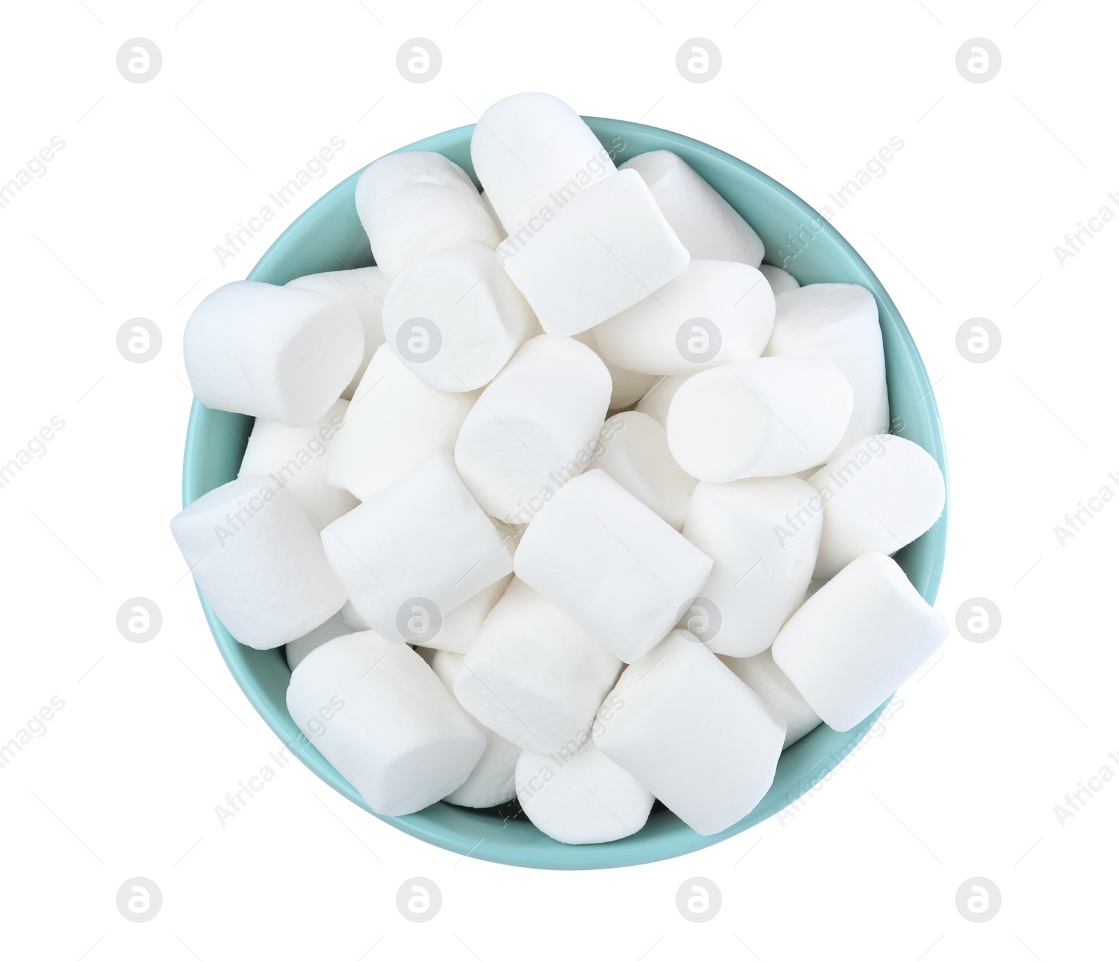 Photo of Delicious puffy marshmallows in bowl on white background, top view