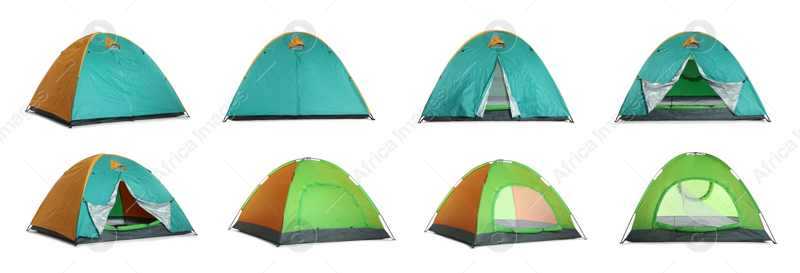 Image of Colorful camping tents on white background, collage. Banner design