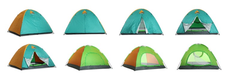 Image of Colorful camping tents on white background, collage. Banner design