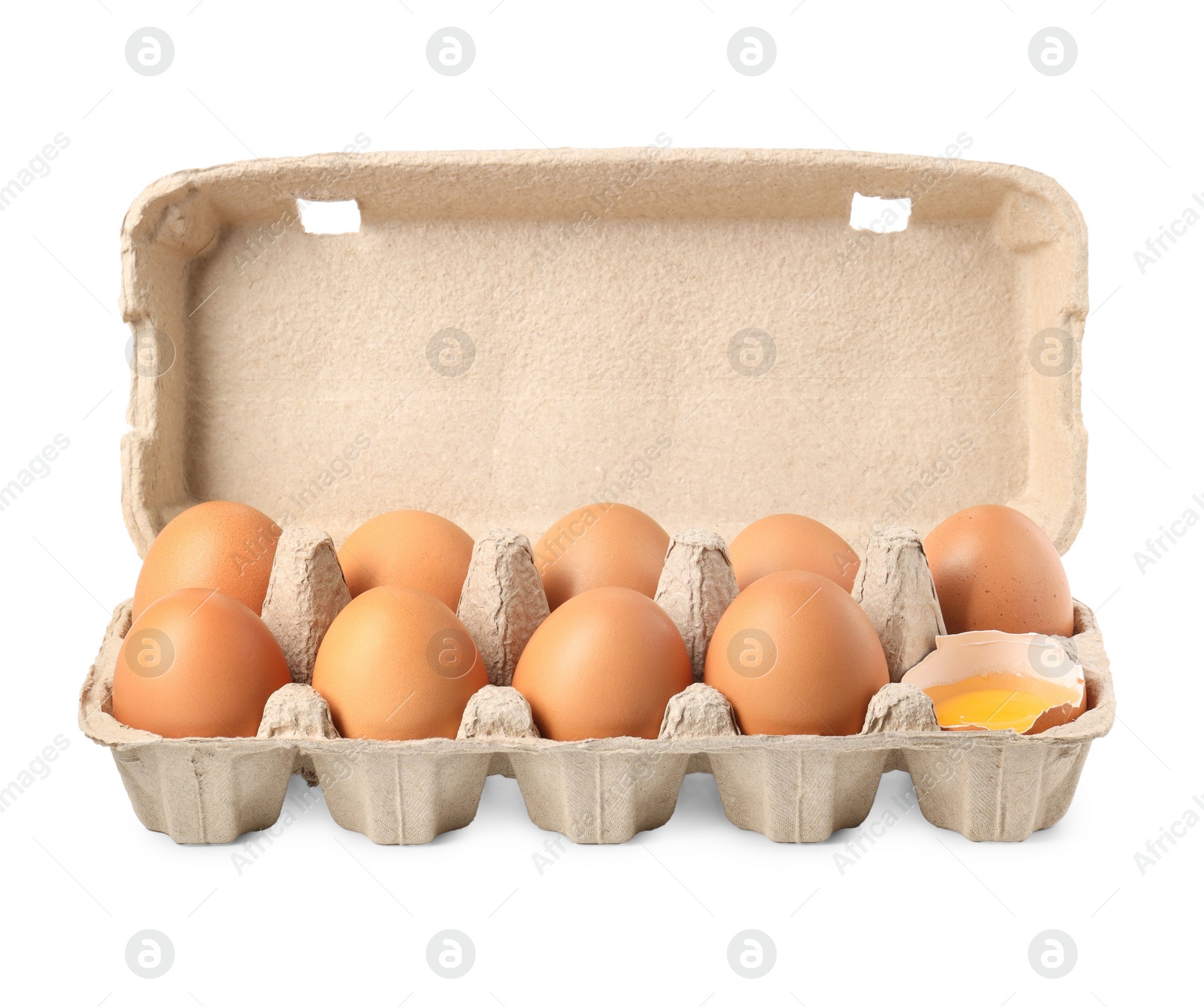 Photo of Chicken eggs in carton isolated on white