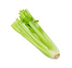 Photo of One fresh green celery bunch isolated on white, top view